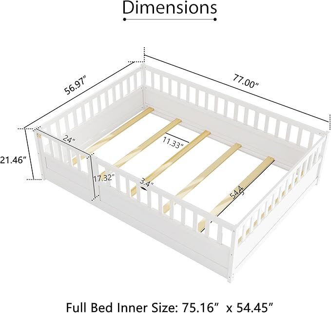 Full Floor Bed with Slats and High Fence, Full Size Montessori Floor Beds with Door, No Box Spring Needed, Easy Assemble Montessori Bed Frame(White Full)