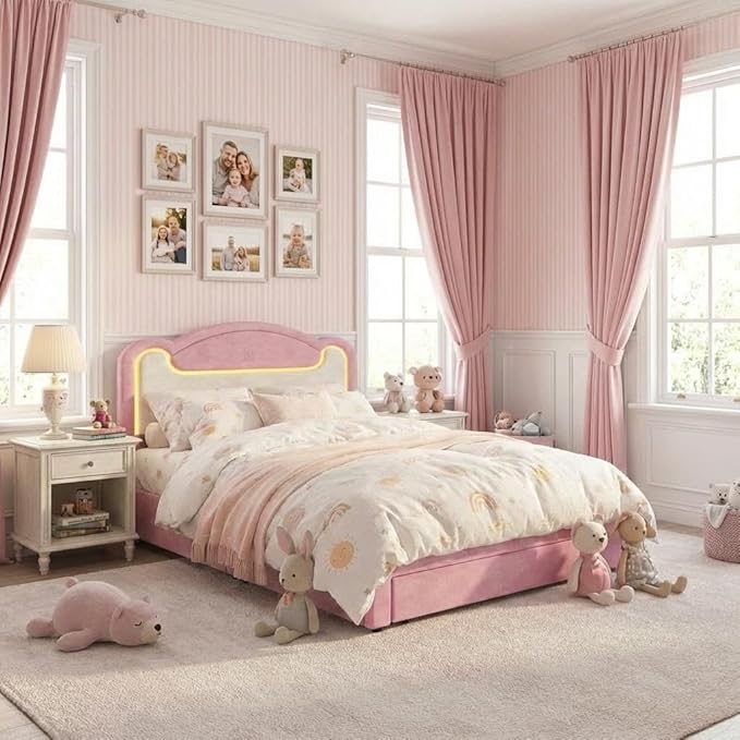 Garvee Full Size Upholstered Bed Frame with LED Lights & Storage Drawers, Fabric Headboard & Wood Slats, No Box Spring Needed, Princess Bed for Girls (Pink White)