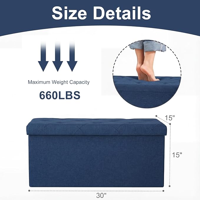 DUMOS 30in Storage Ottoman Bench, Ottoman Bench Foot Rest Stool with Padded Seat, Large End of Bed Bench for Bedroom, Living Room, Entryway, Support 660lbs, Blue