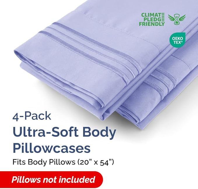 Body Pillowcases Set of 4-20x54 Long Body Pillow Case - Soft Body Pillow Cover for Sleeping & Side Sleepers - Comfy, Breathable & Fade Free - Machine Washable with Envelope Enclosure - (Lavender)