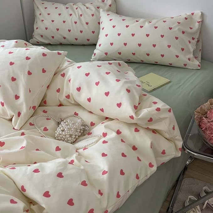 Nayoroom Heart Duvet Cover Full Size Kawaii Pink Heart Printed on Cream White Bedding Set 3Pcs Kids Girls Cute Heart-Shaped Pattern Comforter Cover with Zipper Closure Soft Breathable Microfiber