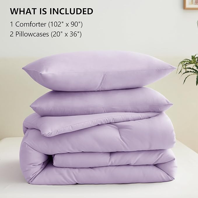 CozyLux Lavender King Size Comforter Set, 3 Pieces Light Purple Solid Breathable Quilted Bedding Sets, Luxury Fluffy Soft Bed Set with Down Alternative Comforter and 2 Pillowcases for All Season