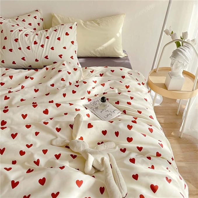 Nayoroom Heart Duvet Cover Full Size Cute Red Love Heart Printed on White Bedding Set 3Pcs Kids Girls Kawaii Heart-Shaped Pattern Comforter Cover with Zipper Closure Soft Breathable Microfiber