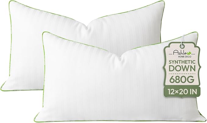 Ashler Home Deco Synthetic Down Pillow Inserts, 12x20 Down Alternative Throw Pillows Insert Sleeping Pillows with 100% Cotton Cover Decorative Pillow Stuffer for Sofa, Couch Bed(Set of 2, White)