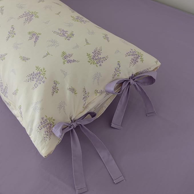 VM VOUGEMARKET Purple Flower Duvet Cover Set Full 3 Pieces Cream Duvet Cover with Bow Ties,Cottagecore Bedding Set 100% Cotton Vintage Country Comforter Cover for Teens Girls Without Filling-80 x90