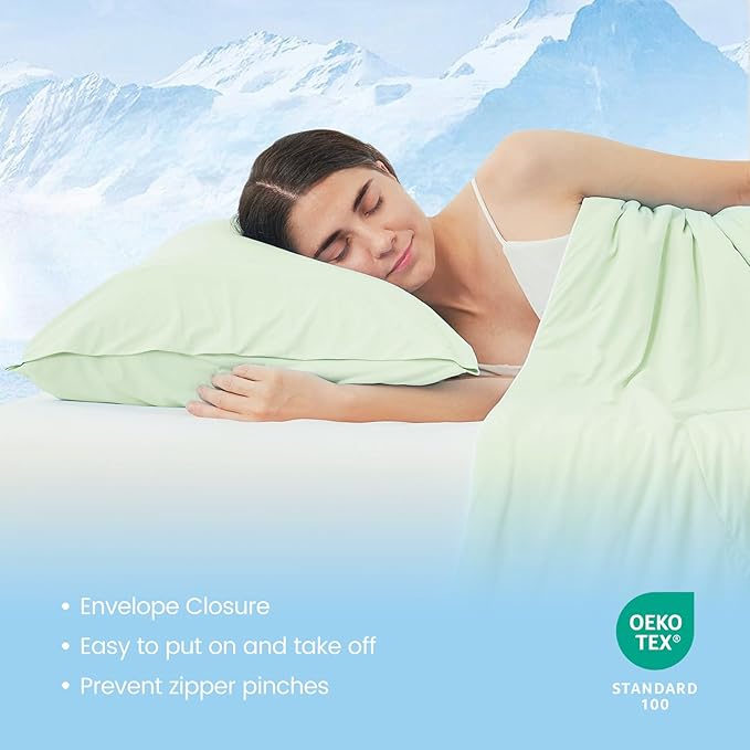 Cozy Bliss Cooling Pillow Cases for Hot Sleepers, Q-Max>0.4, Queen Size Set of 2, Soft & Silky Pillow Covers with Envelope Closure,Gift, Green, 20x30 Inches