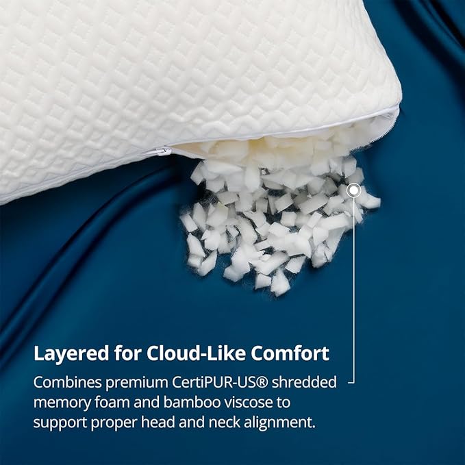 Cosy House Collection 2-Pack Luxury Rayon Derived From Bamboo Shredded Memory Foam Pillow - Adjustable & Removable Fill - Cool & Breathable Cover with Zipper for Side, Back, & Stomach Sleepers (Queen)
