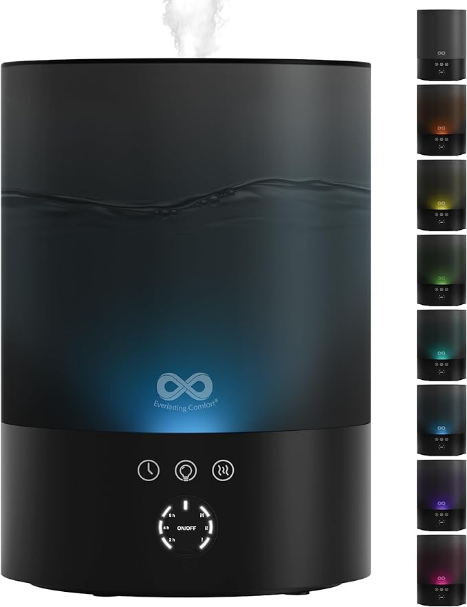 Everlasting Comfort 2.5L Top Fill Humidifier for Bedroom – Quiet, Easy to Fill & Clean, 24HR Runtime, Night Lights, Timer, Ultrasonic Cool Mist, Auto Shut-Off for Indoor Use - Black