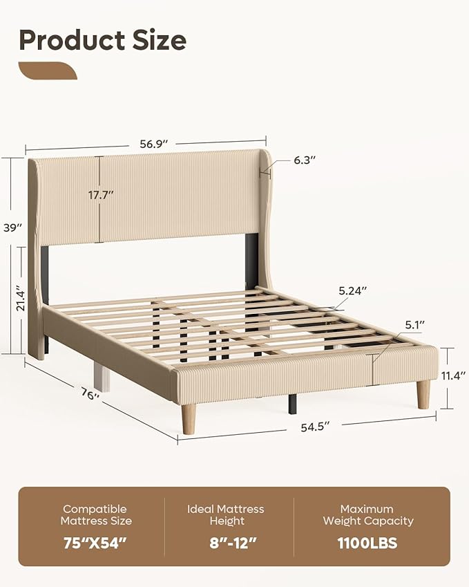 Bestier Full Bed Frame with Wingback Headboard,Upholstered Platform Full Size Bed with Strong Wooden Slats,No Box Spring Needed,Never Squeaks,Easy Assembly,Taupe