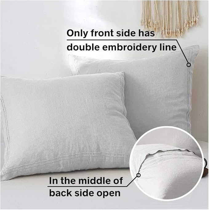 Simple&Opulence 100% French Linen Euro Shams with Embroidery (26'' x 26'') - Pack of 2 - Pre Washed Solid Color Natural Flax Soft Breathable - Grey