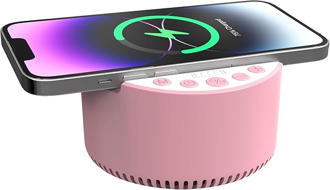 InnoVibeSound Machine with Wireless Charger & Bluetooth Speaker – White Noise Sleep Aid with Memory Function, 6 Soothing Sounds, 3 Timer Modes – Compact Bedside Relaxation Device, Pink
