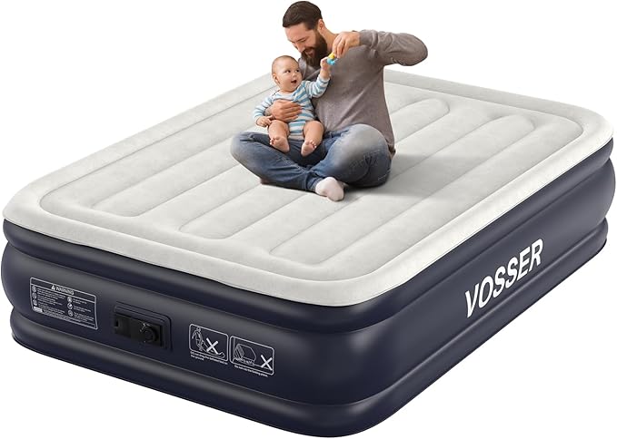 VOSSER Air Mattress Full with Built in Pump,18''Inflatable Mattress of Upgraded Vertical Beams,Self Inflatable/Deflation Blow Up Mattress in 3 Mins,Flocked Top Airbed with Carry Bag for Home, Camping