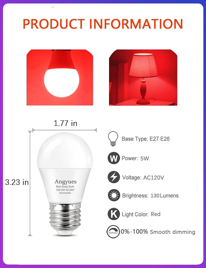 630nm Red Light Bulb for Sleep Dimmable, 100% Blue Light Blocking, Promotes Melatonin Production, E26 A15 LED 5W Red Dim Night Light for Baby's Bedroom, Sleeping, 6Pack