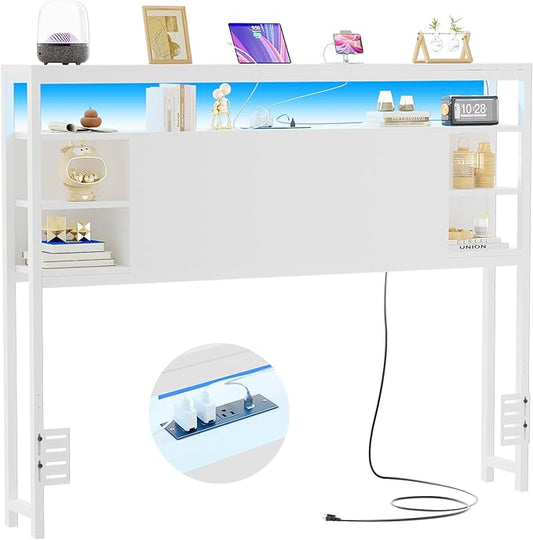 Unikito Full Size Headboard with Storage, Headboards with Outlet and RGB LED Light, Sturdy Head Board for Full Size Bed, Stable Headboard Only for Bedroom, Dorm Room, Guest Room, White