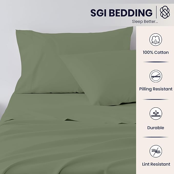 SGI Split King Sheet Set for Adjustable Bed Egyptian Premium Cotton 600 Thread Count Sheets for Sleep Number Bed 15" Deep Pocket 5 Pc Set with 2 Twin XL Fitted Sheets Soft Breathable -Moss