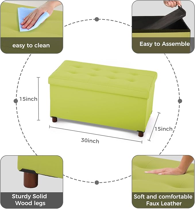 Dorriss Storage Ottoman for Living Room Ottoman with Tray Bedroom Foot Rest Stool with Legs Small Ottomans Coffee Table Foldable Footstool Faxu Leather (Light Green)
