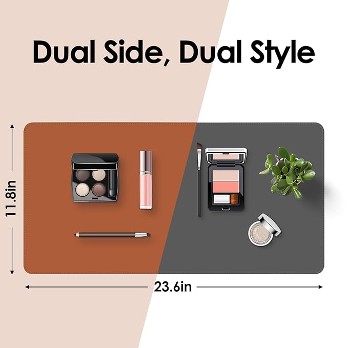 Makeup Mat for Vanity to Protect Desk Top 23.6 x 11.8 in, Dual-Sided Makeup Mat, Easy to Clean Desk Pad - Waterproof and Oilproof Vanity Accessories (Clay Brown and Dark Grey)