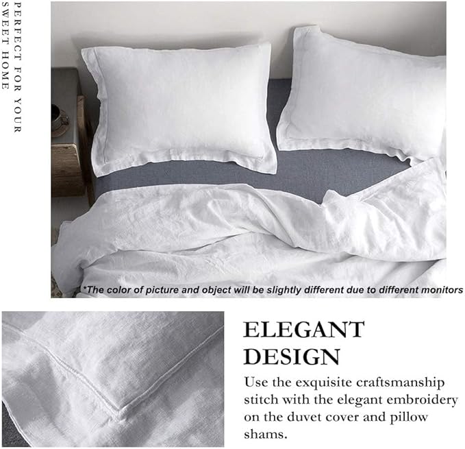 Simple&Opulence 100% Linen Duvet Cover Set with Embroidery Border Washed - 3 Pieces (1 Duvet Cover with 2 Pillow Shams) with Button Closure Soft Breathable Farmhouse - White, Queen Size