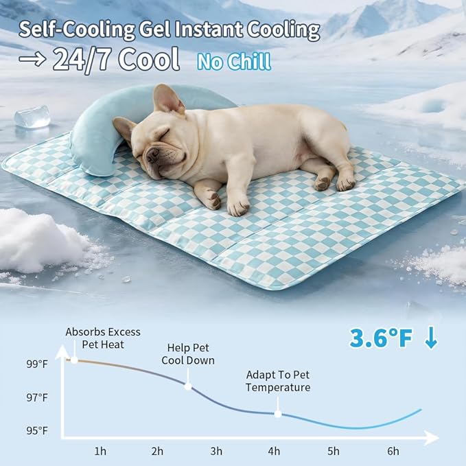 SOMAHE Pet Cooling Mats Pad for Dogs, Portable Summer Self-Cooling Mat with Removable Crescent Pillow for Small Dogs & Cats (Q-Max>0.5), Non-Toxic, All-Day Cooling, 27 x 20 Inches Blue