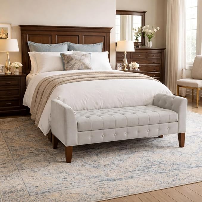 HomePop Velvet Tufted Storage Bench Settee with Hinged Lid, Grey