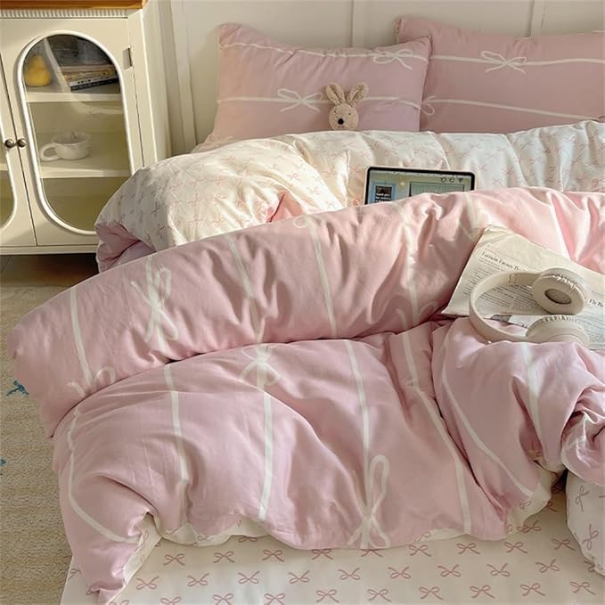 Nayoroom Pink Bow Duvet Cover Queen Size Kids Girls Cute Coquette Bedding Set 3 Pcs Soft Microfiber Reversible White Striped Comforter Cover Gifts for Women