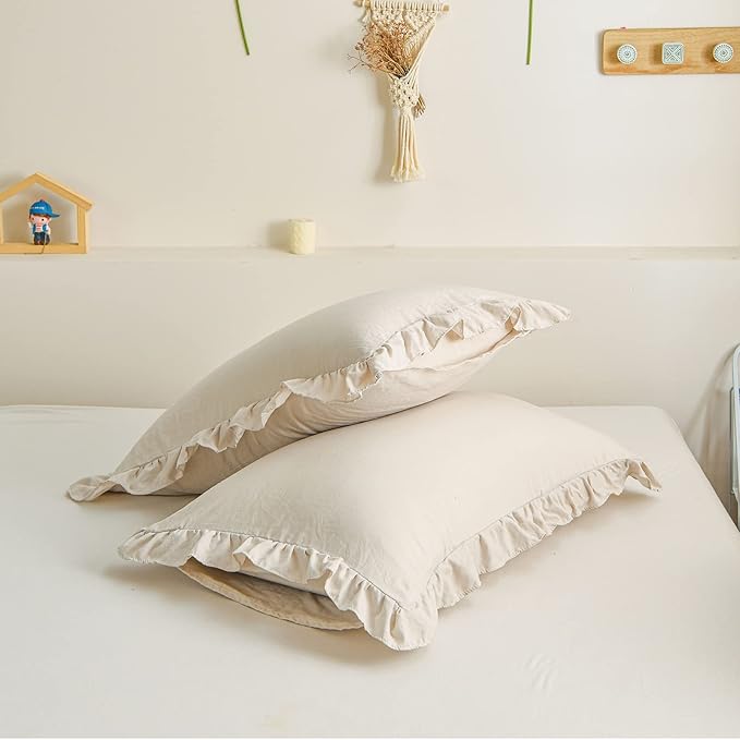 Cream King Ruffled Shams - Set of 2, Cute Solid Fringe Design, Beige Grey - Shabby Chic Pillowcases (King, 20''x36'')