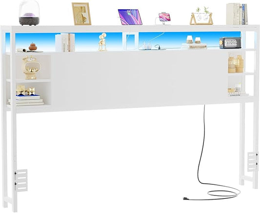 Unikito King Size Headboard with Storage, Headboards with Power Outlets and RGB LED Light, Sturdy Head Board for King Size Bed, Stable Headboards Only for Bedroom, Dorm Room, Guest Room, White