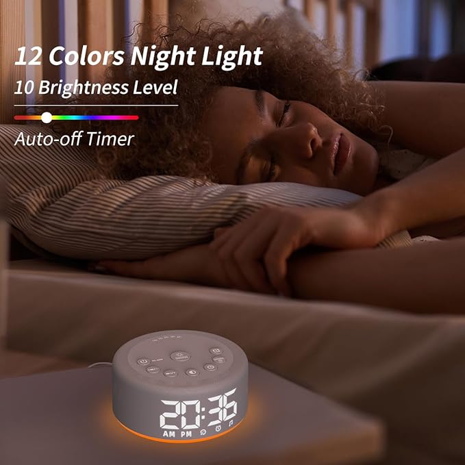 【3 in 1】 Sound Machine Alarm Clock Night Light White Noise Machine with 30 Sleeping Sounds for Baby Kids Adults 32 Level Volume Auto Off Timer Memory Function Digital Clock with 30 Wake Up Sounds