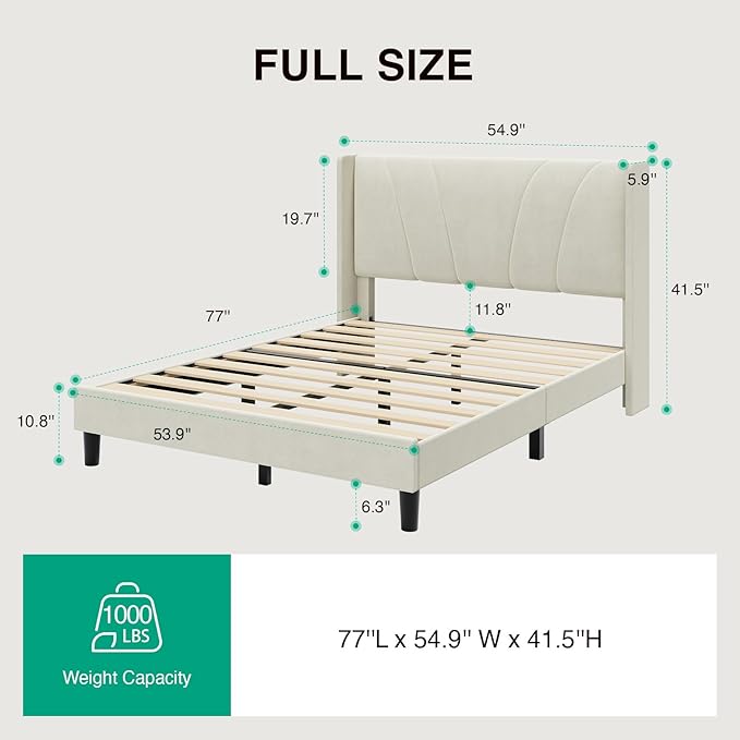 Novilla Full Size Bed Frame, Full Bed Frame with Headboard, Velvet Upholstered Wing Side Headboard, No Box Spring Needed, Heavy Duty Feet, Easy Assembly, White Velvet