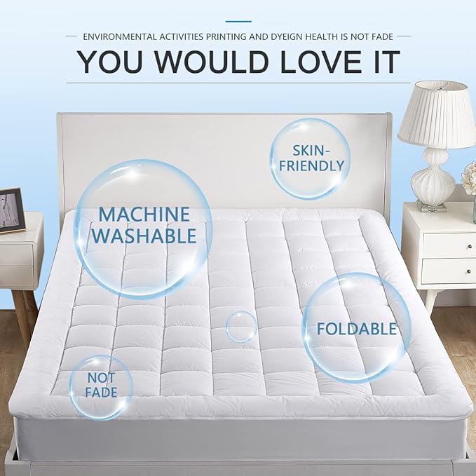 Twin XL Mattress Pad Cover Pillow Top with Stretches to 18” Deep Pocket Fits Up to 8”-21” Cooling White Bed Topper (Down Alternative, Twin XL Size)