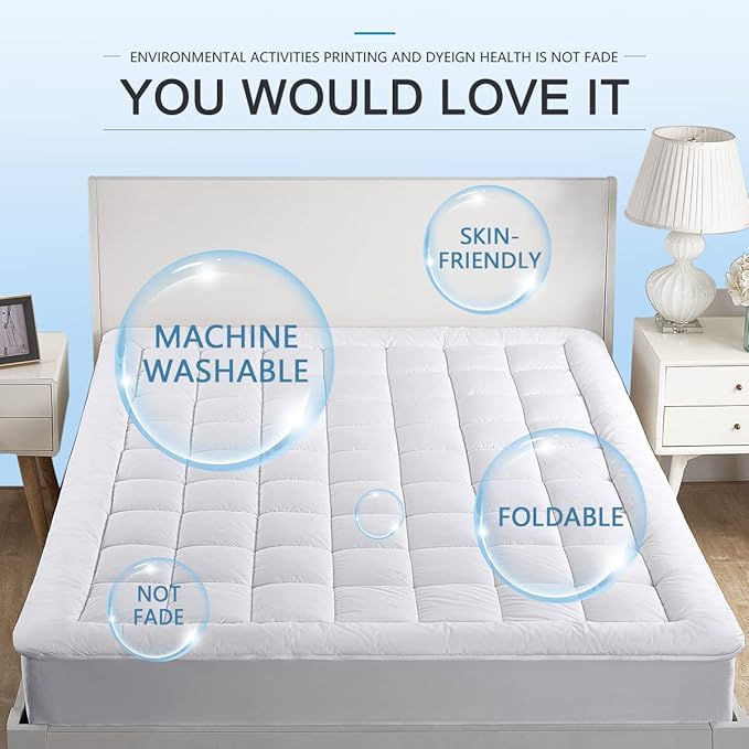 Full Mattress Pad Cover Pillow Top with Stretches to 18” Deep Pocket Fits Up to 8”-21” Cooling White Bed Topper (Down Alternative, Full Size)