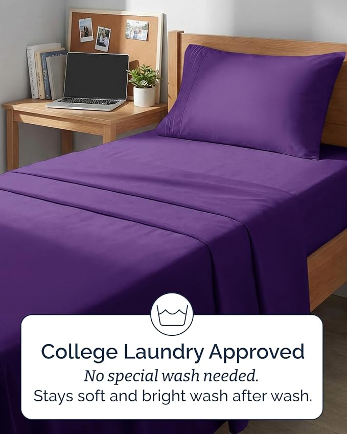 Twin XL 4 Piece Sheet Set - Comfy, Breathable & Cooling - Hotel Luxury Bedding for Women, Men, Kids, Teens & Children - 1 Flat & 1 Fitted Sheet & 2 Pillowcases w/ Deep Pockets - Wrinkle Free - Purple