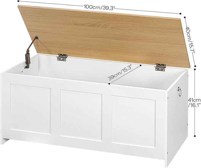 HOOBRO Storage Bench, 39.3" Retro Wooden Storage Chest, Wooden Storage Trunk, Toy Chest with Lift Top, Multifunctional Entryway Organizer, for Entryway, Living Room, White and Natural WN141CW01G1