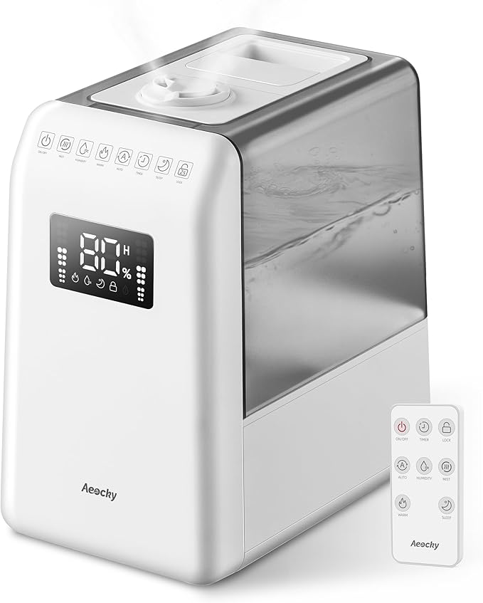 AEOCKY 600ml/h Warm and Cool Mist Humidifier for Large Room, 6L Top-Fill Humidifier with Remote for 821ft² Coverage, Essential Oil Diffuser with Humidity Sensor, Timer, Sleep, Auto Mode