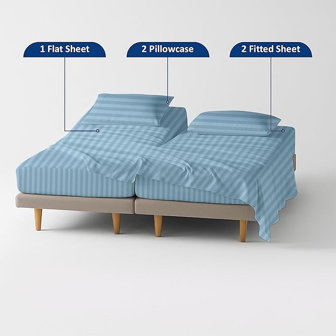 5 Piece Split Cal King Sheet Set, 100% Egyptian Cotton, 16 Inch Deep Pockets, Light Blue Stripe, Soft Cooling Sheets for Adjustable Beds, Sleep Number Beds, Split Cal King Mattress Sheet Set