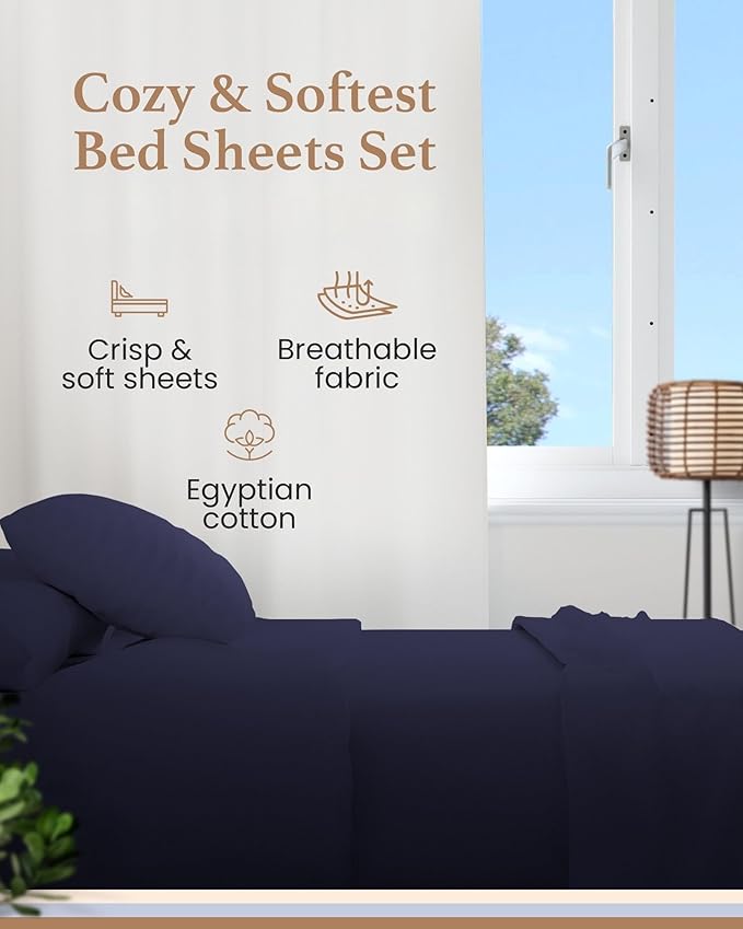 Good Sleep Bedding Twin Sheets Set - 100% Egyptian Cotton, Soft, 4 Pc, Deep Pocket, Hotel Quality, Navy Blue