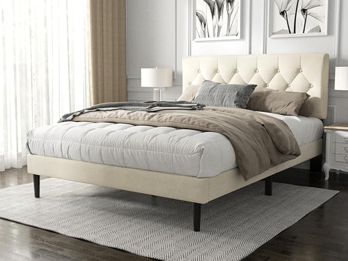 HAOARA Queen Size Platform Bed Frame with Upholstered Button Tufted Headboard, Mattress Foundation with Wooden Slat Support, Noise Free, No Box Spring Needed, Easy Assembly, Beige Velvet