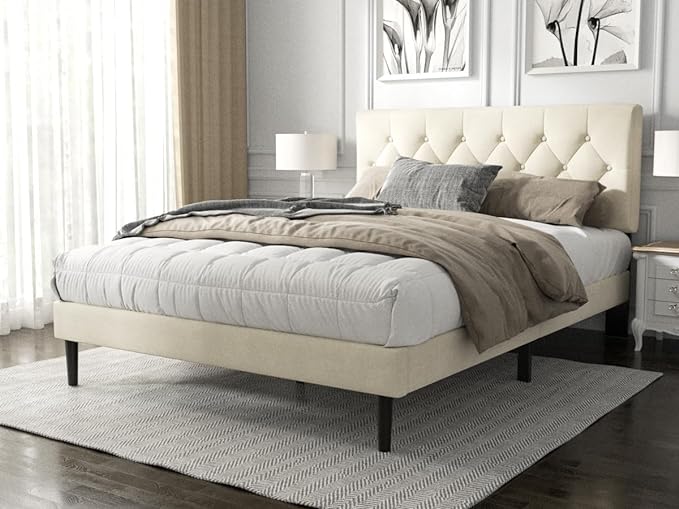 HAOARA Full Size Platform Bed Frame with Upholstered Button Tufted Headboard, Mattress Foundation with Wooden Slat Support, Noise Free, No Box Spring Needed, Easy Assembly, Beige Velvet