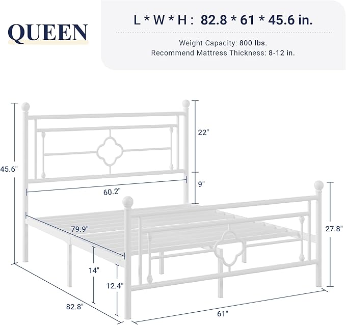 Allewie Queen Size Metal Platform Bed Frame with Victorian Vintage Headboard and Footboard/Mattress Foundation/Under Bed Storage/No Box Spring Needed/Noise-Free/Easy Assembly, White