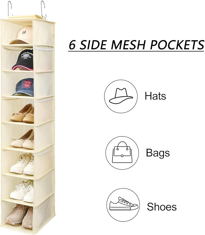 Berdeng Hanging Shoe Organizer for Closet with Side Mesh Pockets，Hat Racks for Baseball Caps，Shoe and Hat Holder & Storage，8-Shelf，Beige，2 Pack