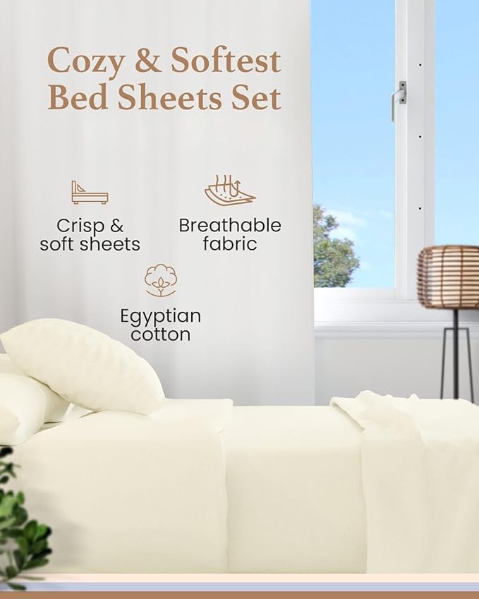 Good Sleep Bedding XL Twin Sheets - 100% Egyptian Cotton Sheets, 4 Pc, Twin XL Bed Sheets, Long Staple Cotton Twin XL Sheet Sets, Cooling Sheets, 16" Deep Pocket - Ivory