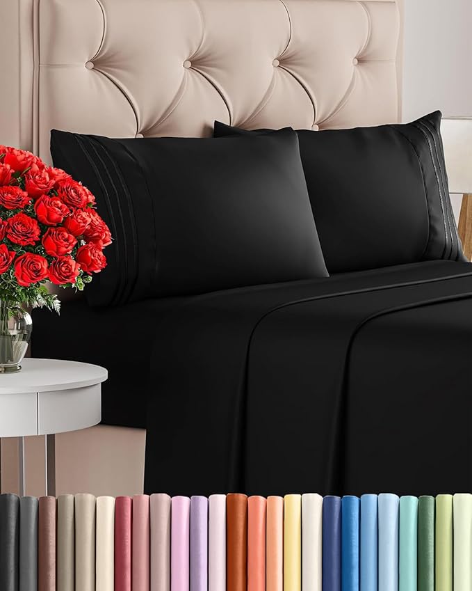 Queen Size 4 Piece Sheet Set - Comfy Breathable & Cooling Sheets - Hotel Luxury Bed Sheets for Women & Men - Deep Pockets, Easy-Fit, Extra Soft and Wrinkle Free Sheets - Black Oeko-Tex Bed Sheet Set
