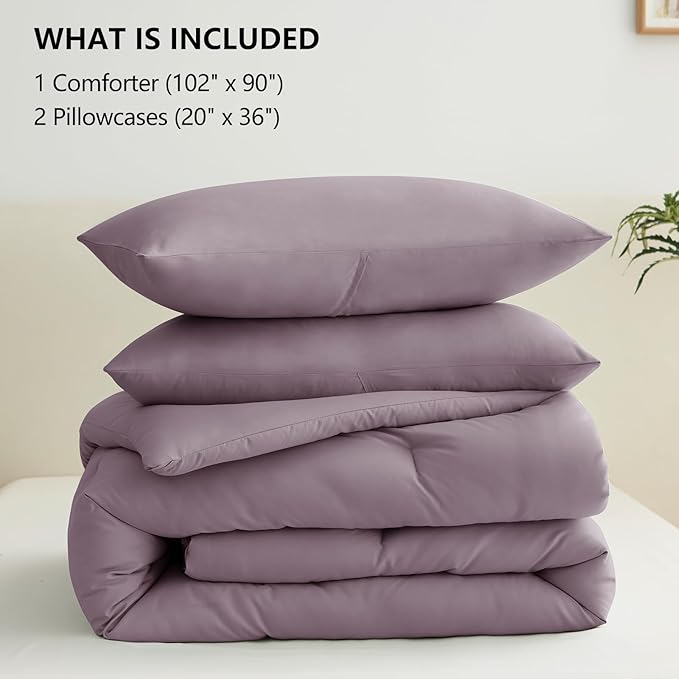 CozyLux King Size Comforter Set Dusty Purple, 3 Pieces Solid Comforters King Size Breathable Bedding Sets, Grayish Purple Luxury Lightweight Bed Set with Down Alternative Comforter and 2 Pillowcases