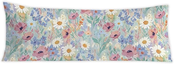Spring Floral 20x54 Body Pillow Cover, Spring Home Room Decor, Pastel Cottagecore Botanical Wildflower Decorative Long Body Pillow Cases for Bed Couch