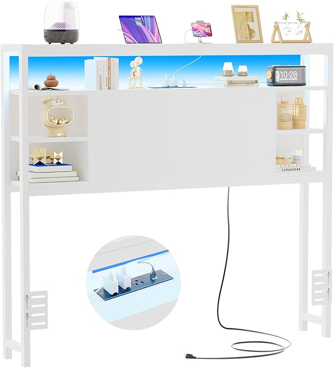 Unikito Twin Headboard with Storage, Headboard with Power Outlets and Smart LED Lights, Sturdy Head Board for Twin Size Bed, Stable Headboards Only for Bedroom, Dorm Room, Guest Room, White