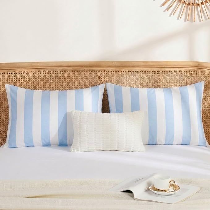 Merryword Standard Size Pillowcases, 100% Cotton Pillow Cases, Blue and White Striped Pillowcases, Soft Breathable Wide Stripe Pillow Covers, Set of 2