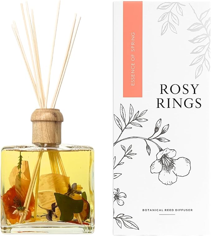 Rosy Rings Essence of Spring Botanical Reed Diffuser 13oz – Lasts 6-12 Months Floral Aromatherapy Notes of Hyacinth, Honeysuckle, Rose Home Fragrance Summer Decor Housewarming Wedding Gifts