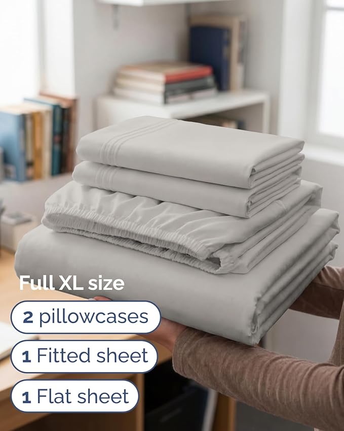 Full XL Bed Sheet - 4 Piece Full XL Bed Sheets Set - Ultra-Soft, Breathable & Cooling - Hotel Luxury Bedding for Women & Men with Deep Pockets - Wrinkle Free & Fade Resistant - Oeko-Tex - French Grey