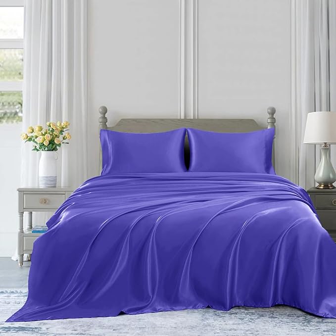 Homiest 4pcs Satin Sheets Set Luxury Silky Satin Bedding Set with Deep Pocket, 1 Fitted Sheet + 1 Flat Sheet + 2 Pillowcases (King Size, Periwinkle Blue)