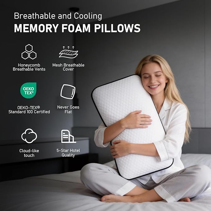 Memory Foam Pillows Standard Size Set of 2, Cooling Pillow for Sleeping with Breathable Mesh and Washable Cover, Bed Pillows for Back, Side & Stomach Sleepers